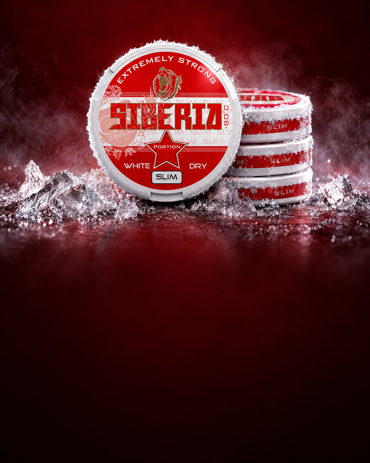 Siberia 80° Kautabak Red White Dry Slim – gestapelte Dosen auf Eis