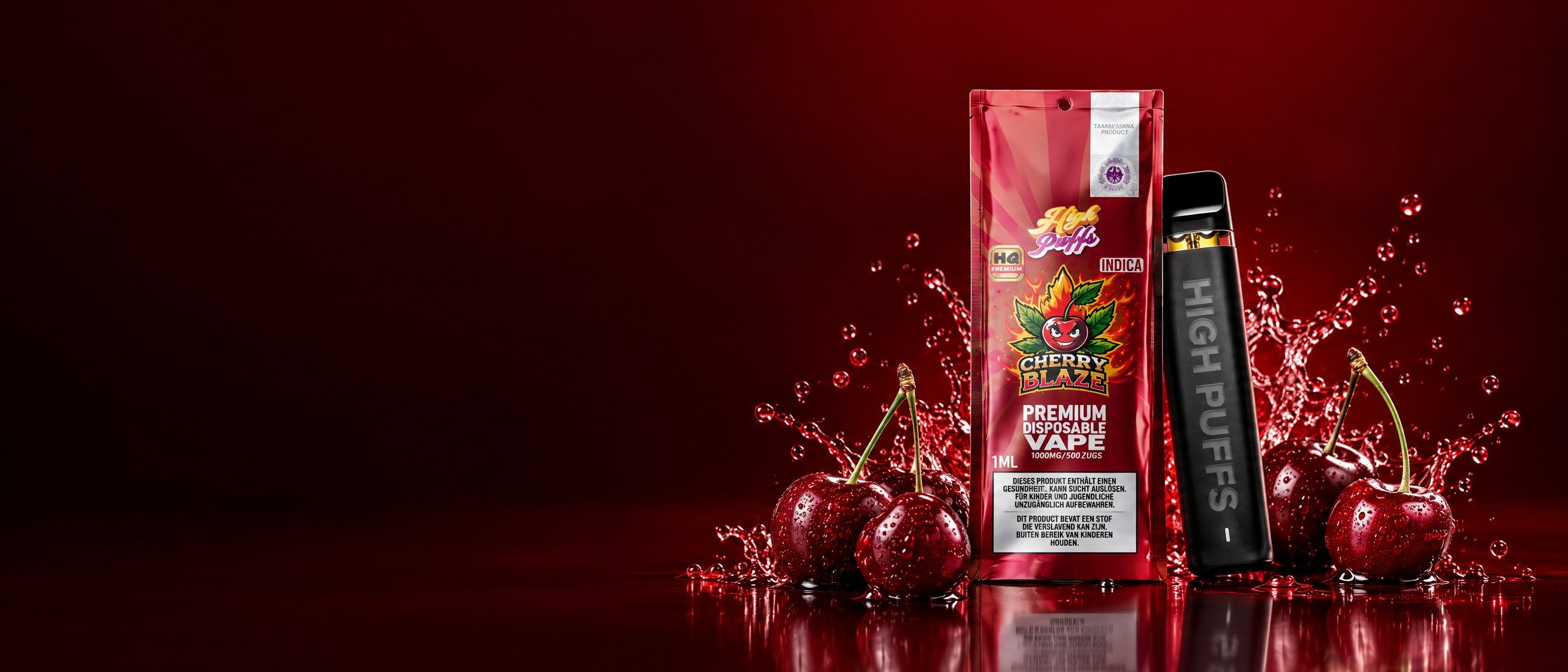 High Puffs Cherry Blaze Vape mit Verpackung und Kirschen