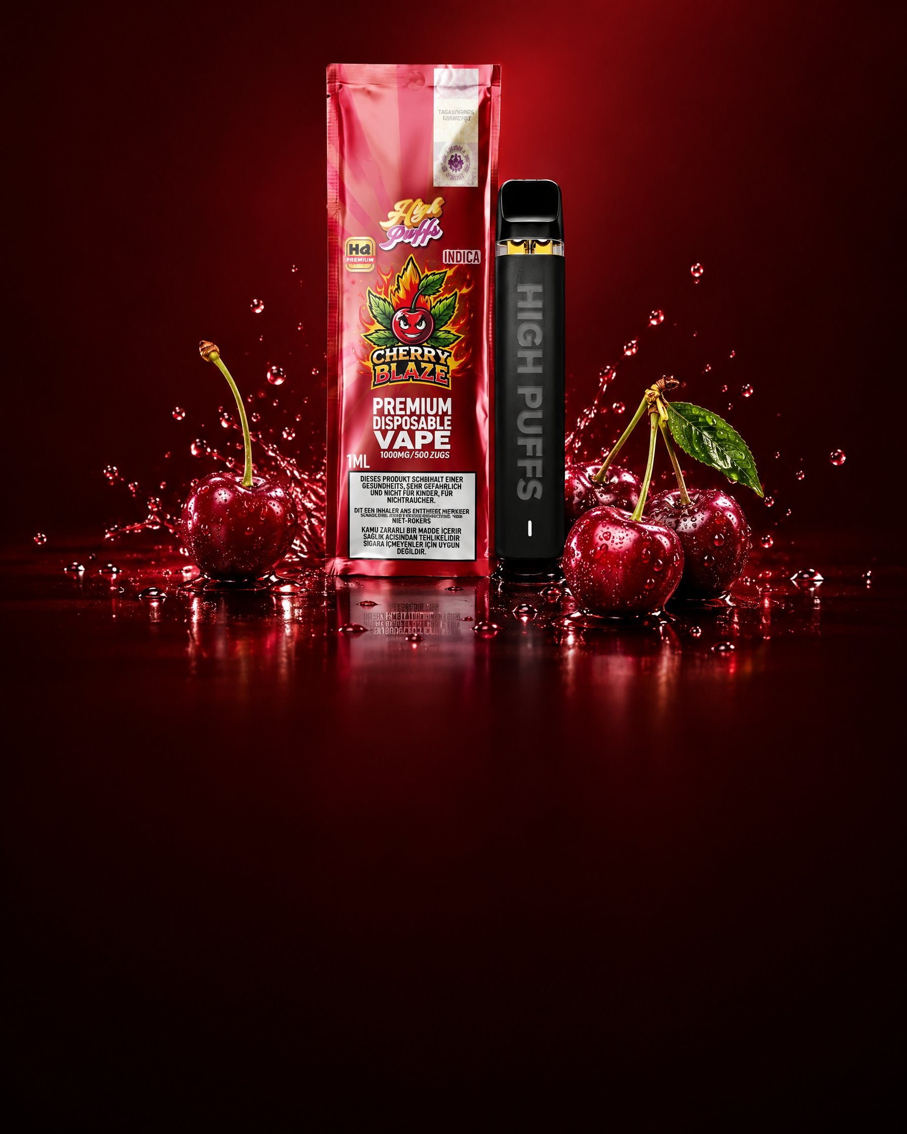 High Puffs Cherry Blaze Vape mit Verpackung und Kirschen