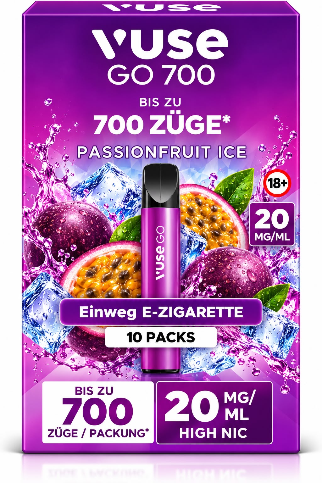 Verpackung Vuse GO 700 – Passionfruit Ice (10er Pack)